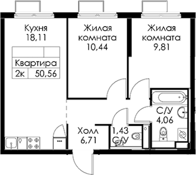 2-комнатная квартира 50.56 м², 16/24 эт., ЖК «Заречный парк»